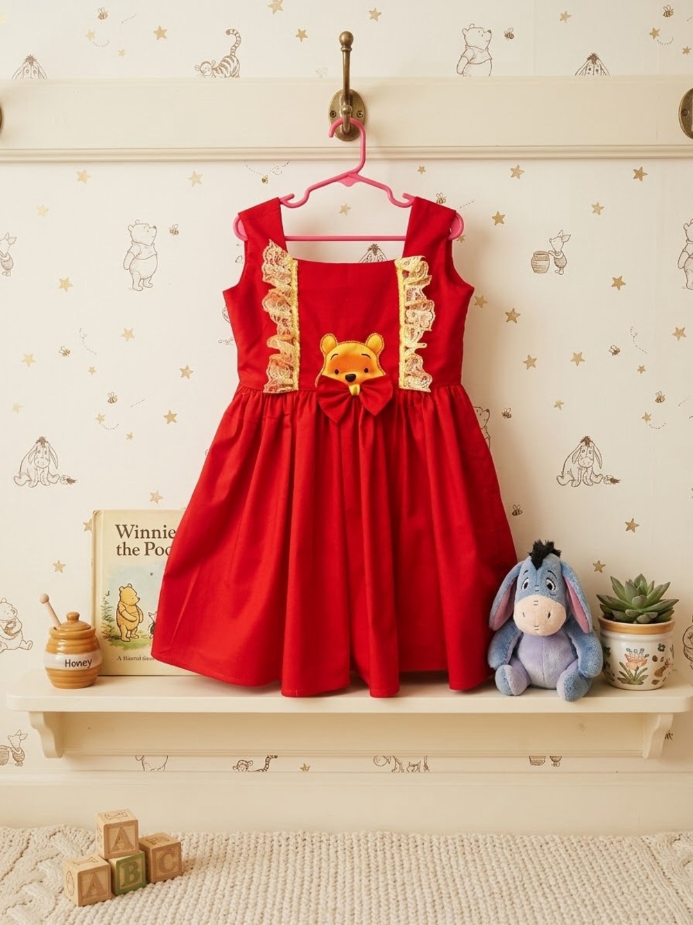 Red Winnie the Pooh Lace-Trim Party Dress for Girls